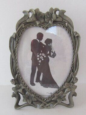 Pewter heart shaped picture frame with flowers - 5 x 7 photo - wedding season